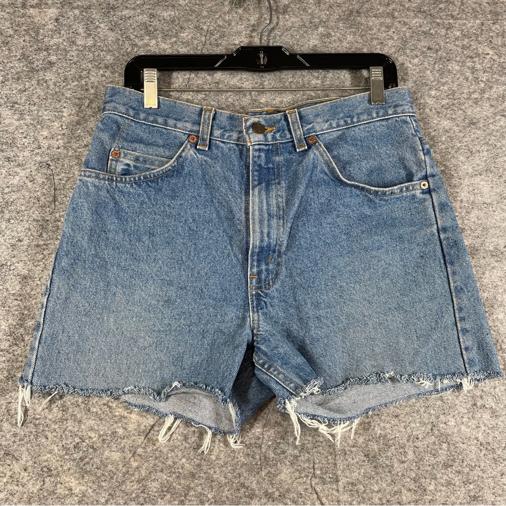 Vintage Levis Cut Off Orange Tab Denim Shorts Blue 33 High Rise Raw Hem Casual - Picture 2 of 16